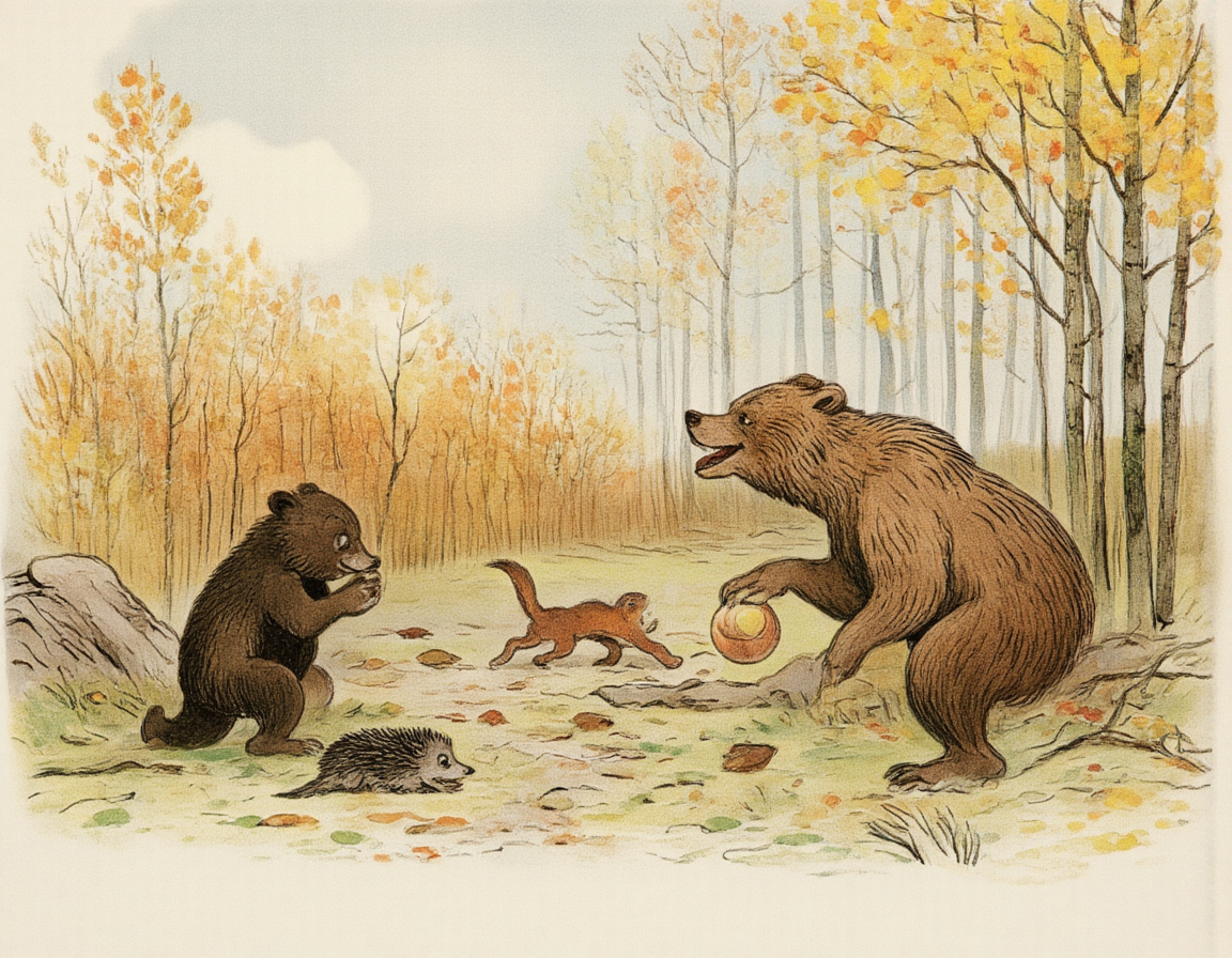 <lora:SUT_NEW:1>, A bear and a hedgehog playing with a ball in the autumn forest, in the artistic style of Vitaly Suteev â charming characters, muted autumnal tones, gentle brushstrokes, nostalgic Soviet-era childrenâs book illustration