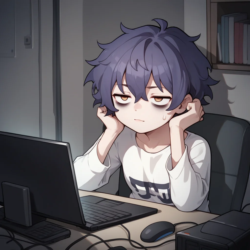 score_9,score_8_up,score_7_up,score_6_up,source_anime,rating_safe, Solo,night time, computer screen, <lora:Disheveled:0.8> , messy hair, bags under eyes, exhausted, hacker,, zPDXL2,