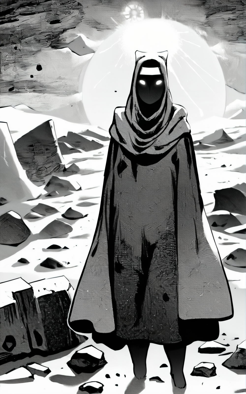score_9, score_8_up, score_7_up,((best quality)), absurdres, <lora:BerserkStyle:0.8>,((greyscale, monochrome)),<lora:TravelerSDXL:0.8>,TravelerSDXL,white eyes,black skin,blank eyes,no mouth,featureless feet,hooded cloak,hood,hood up,robe,ofuda,scarf,,headband,desert, rocks, ruins,sun