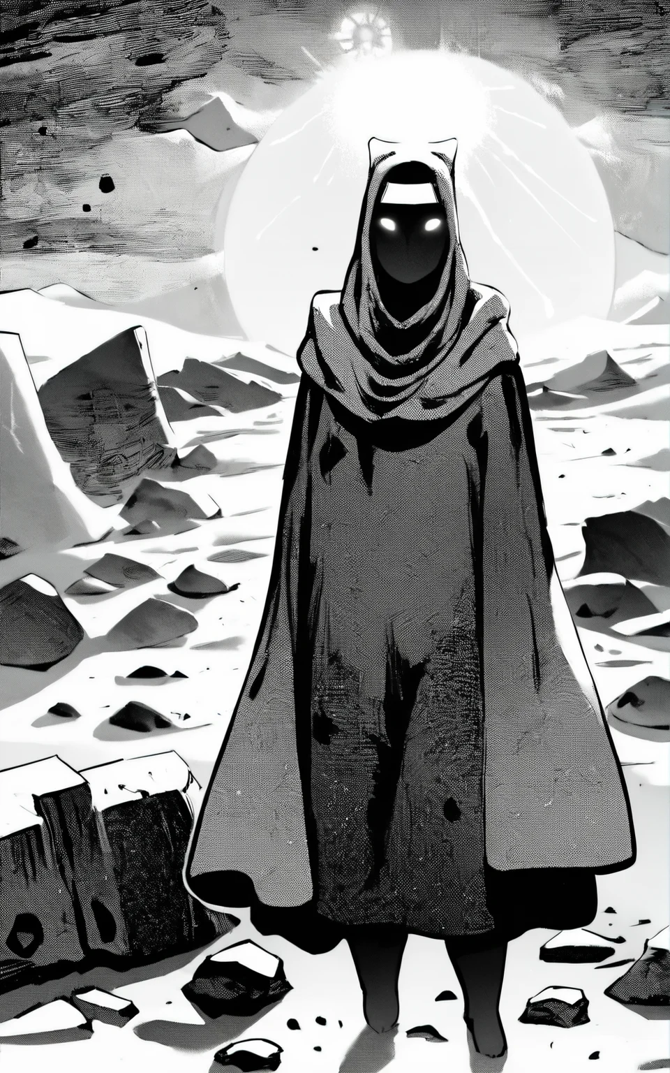 score_9, score_8_up, score_7_up,((best quality)), absurdres, <lora:BerserkStyle:0.8>,((greyscale, monochrome)),<lora:TravelerSDXL:0.8>,TravelerSDXL,white eyes,black skin,blank eyes,no mouth,featureless feet,hooded cloak,hood,hood up,robe,ofuda,scarf,,headband,desert, rocks, ruins,sun