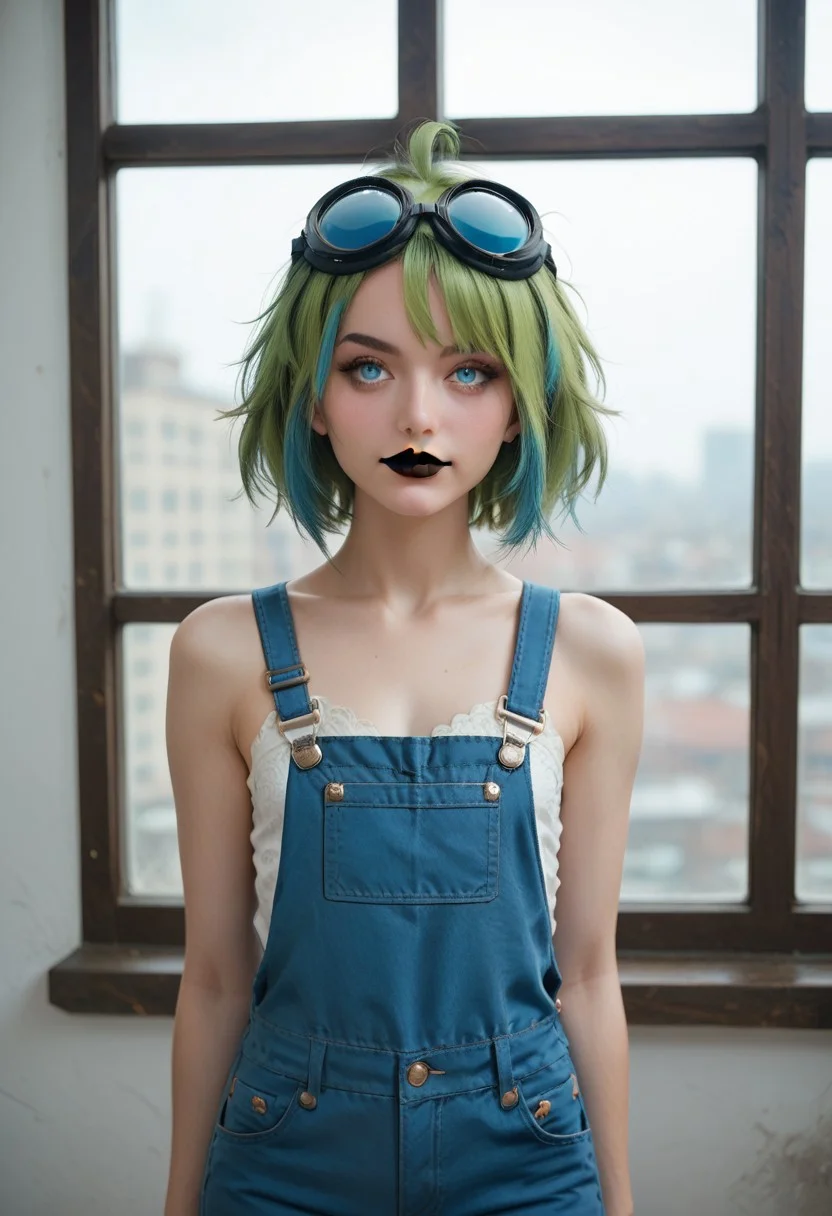 zPDXL3 , 1girl, shiny hair, shiny eyes, beautiful skin, eyelashes, bob cut, front side view, goggles on head, ahoge, pale skin, blue eyes, medium green hair with blue highlights, small natural breasts, flat chest, standing, leaning forward, arms behind back, black lipstick, large window, blue overalls, cleavage, rating_safe, (smile:0.7)