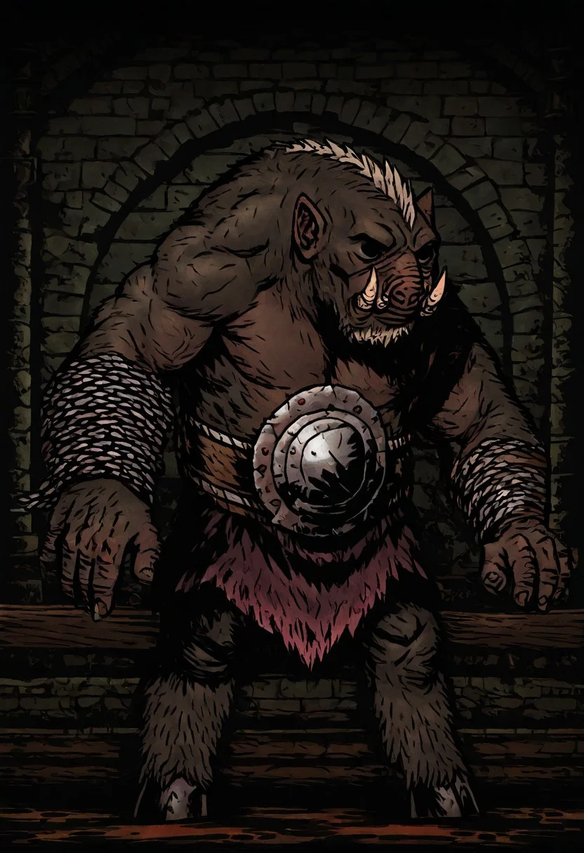 masterpiece, best quality, newest, absurdres, highres, vintage anime, 90s anime, DDstyle, official style, black eyes, shaded eyes, DDWarrens-BGV1.0, dark, scenery, indoors, 1boy, DD-SwinemanV1.0-SCHOP, muscular, monster boy, tusks, belt, axe,