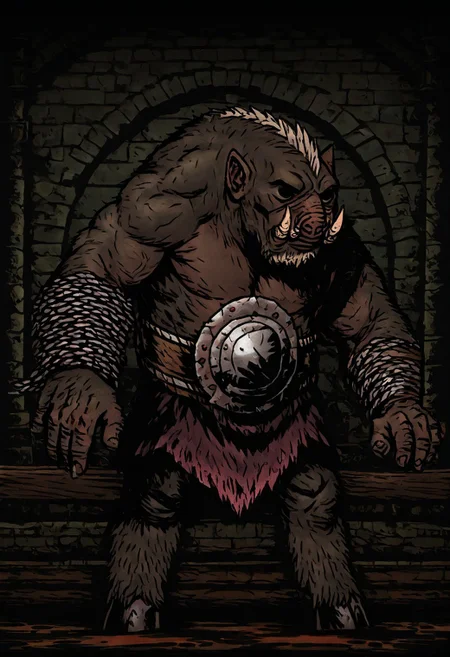 masterpiece, best quality, newest, absurdres, highres, vintage anime, 90s anime, DDstyle, official style, black eyes, shaded eyes, DDWarrens-BGV1.0, dark, scenery, indoors, 1boy, DD-SwinemanV1.0-SCHOP, muscular, monster boy, tusks, belt, axe,