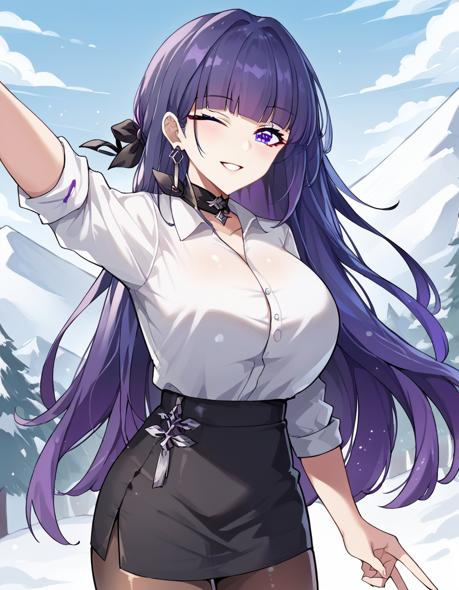 score_9, score_8_up, score_7_up, source_anime, <lora:raiden-mei-office-lady-ponyxl-lora-nochekaiser:1>, raiden mei, long hair, purple hair, bangs, purple eyes, blunt bangs, bangs, gradient hair, hair ribbon,, office lady, white shirt, shirt, pantyhose, skirt, black skirt, long sleeves, large breasts, choker, black choker, sleeves rolled up, mountain, rock, height, snow, trees, smile, <lora:selfie-outstretched-arm-ponyxl-lora-nochekaiser:1> selfie, arm up, foreshortening, looking at viewer, outstretched arm, reaching, reaching towards viewer, v, parted lips, one eye closed, cowboy shot, looking at viewer, solo,, dutch angle, cowboy shot