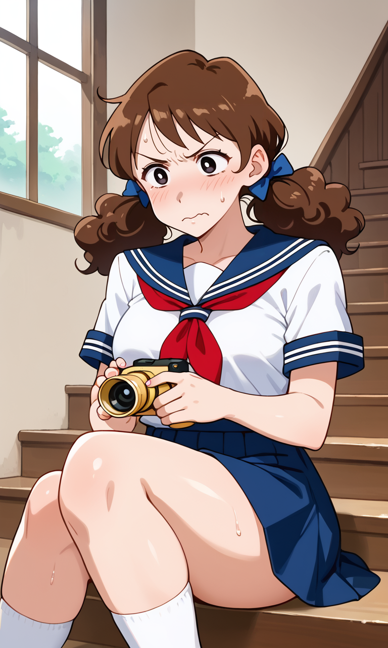(1girl:1.5), (solo:1.3), (score_9, score_8_up, score_7_up, score_6_up, score_5_up, score_4_up), (source_anime), rating_questionable, looking at viewer, (upper body:1.3), indoors,  angry, wavy mouth,  house, full-face blush, 
Residential stairs, house stairs, sitting,  
 (nohara-misae), (black eyes, brown hair, medium hair, curly hair, voluminous hair, fluffy hair, big hair, parody hair), (large breasts, wide hips, thick thighs), 
<lora:nohara-misae-misapi_v1:0.7> (curly low twintails:1.3), (blue hair bow, serafuku, blue sailor collar, red neckerchief, blue skirt, miniskirt, white socks), (looking away:1.5), (sweat:1.3), holding, yellow Video camera,  (looking to the side:1.3)