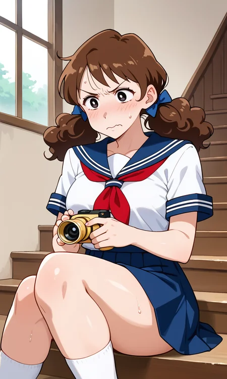 (1girl:1.5), (solo:1.3), (score_9, score_8_up, score_7_up, score_6_up, score_5_up, score_4_up), (source_anime), rating_questionable, looking at viewer, (upper body:1.3), indoors, angry, wavy mouth, house, full-face blush,
Residential stairs, house stairs, sitting,
(nohara-misae), (black eyes, brown hair, medium hair, curly hair, voluminous hair, fluffy hair, big hair, parody hair), (large breasts, wide hips, thick thighs),
<lora:nohara-misae-misapi_v1:0.7> (curly low twintails:1.3), (blue hair bow, serafuku, blue sailor collar, red neckerchief, blue skirt, miniskirt, white socks), (looking away:1.5), (sweat:1.3), holding, yellow Video camera, (looking to the side:1.3)