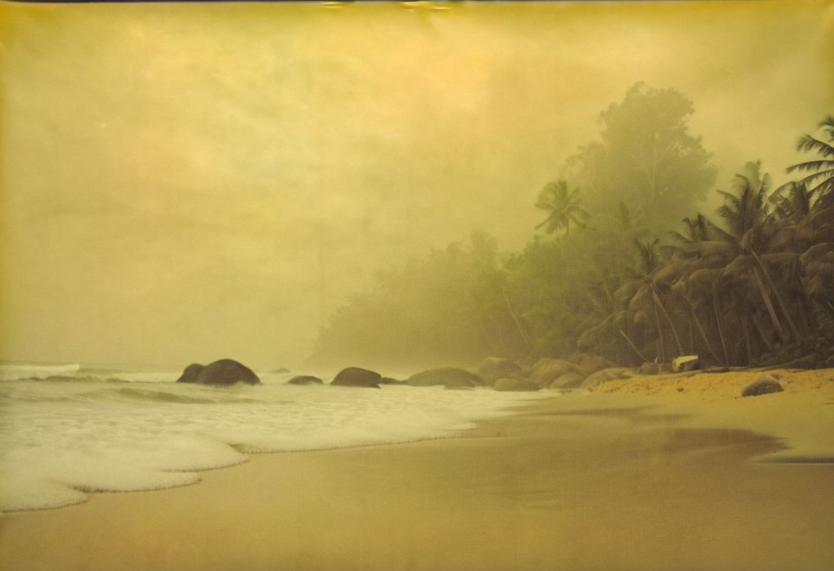colouring_experiment_analogue, a foggy beach in sri lanka, hard shadow