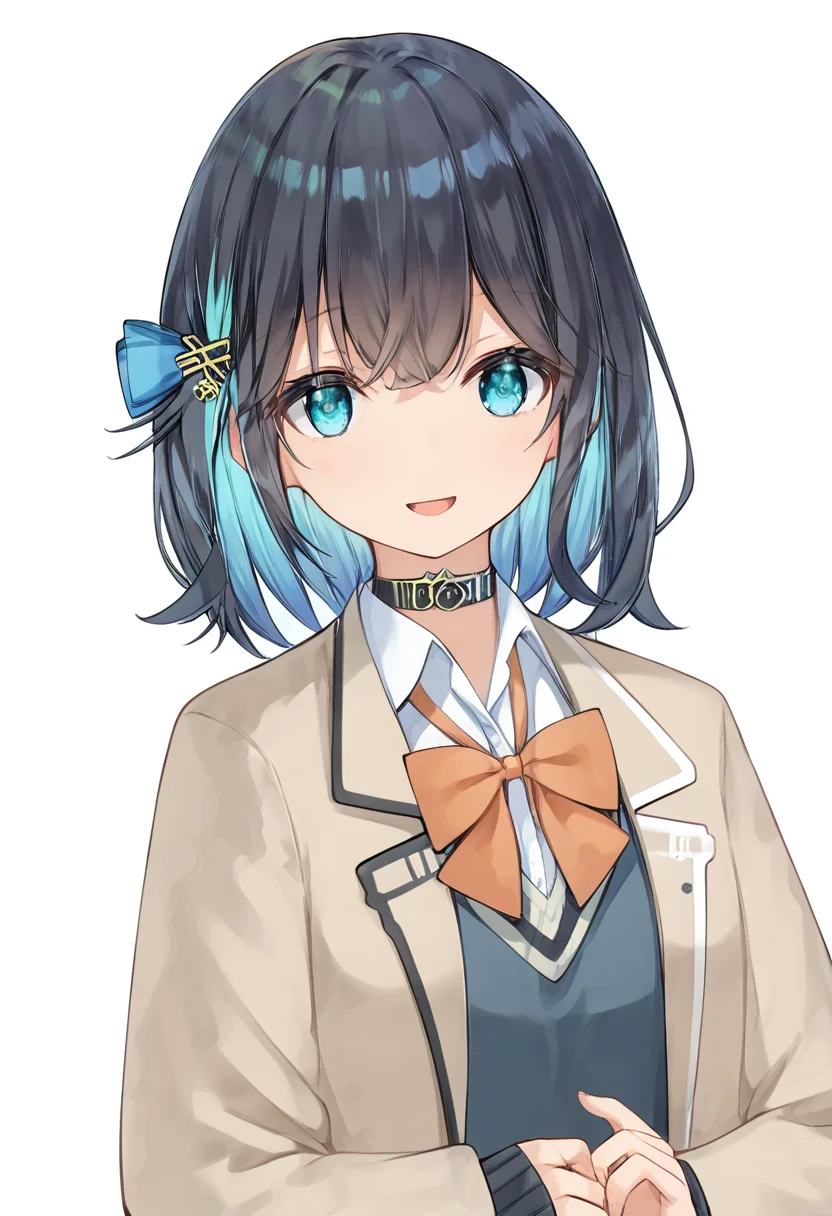 score_9, score_8_up, score_7_up, source_anime, <lora:lowres_concept_ponyXL_v1:-0.3>
BREAK,
<lora:miyamai_moca_ponyXL_v3-15:1> miyamai_moca, black hair, blue hair, colored inner hair, multicolored hair, blue eyes, hair ornament,
school uniform, brown jacket, open jacket, sweater vest, white shirt, bow, choker, smile, standing, looking at viewer, open mouth,