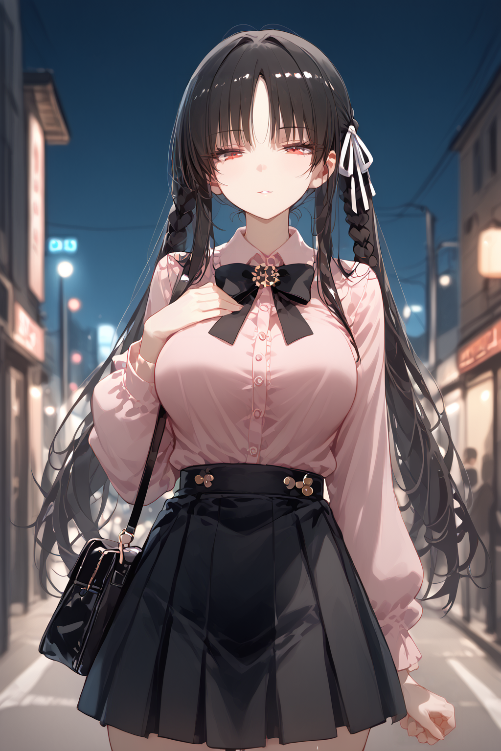 score_9, score_8_up, score_7_up, score_6_up, source_anime,<lora:RLI 0.2v:1> rli,(solo,leggy,five fingers,cowboy shot:1.3),(outdoor,night,evenig,alleyway,blur background),
curvy, curves, curvy body, 1girl, breasts, solo, bag,long hair, arm behind back, large breasts,hands on own chest,<lora:jirai kei_pony_V1.0:1.5>(jirai kei), bow, black mouth mask,twintails,pink shirt,black skirt,thighhighs, red eyes,shoulder bag, , parted lips, standing, expressionless,  <lora:suzune-horikita-ponyxl-lora-nochekaiser:1> suzune horikita, black hair, red eyes, hair ribbon, braid,  closed mouth, eyes squinting, half closed eyes,smug