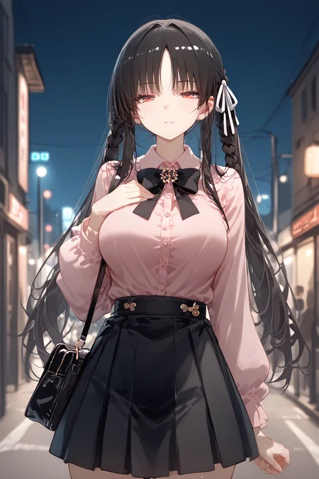 score_9, score_8_up, score_7_up, score_6_up, source_anime,<lora:RLI 0.2v:1> rli,(solo,leggy,five fingers,cowboy shot:1.3),(outdoor,night,evenig,alleyway,blur background),
curvy, curves, curvy body, 1girl, breasts, solo, bag,long hair, arm behind back, large breasts,hands on own chest,<lora:jirai kei_pony_V1.0:1.5>(jirai kei), bow, black mouth mask,twintails,pink shirt,black skirt,thighhighs, red eyes,shoulder bag, , parted lips, standing, expressionless, <lora:suzune-horikita-ponyxl-lora-nochekaiser:1> suzune horikita, black hair, red eyes, hair ribbon, braid, closed mouth, eyes squinting, half closed eyes,smug