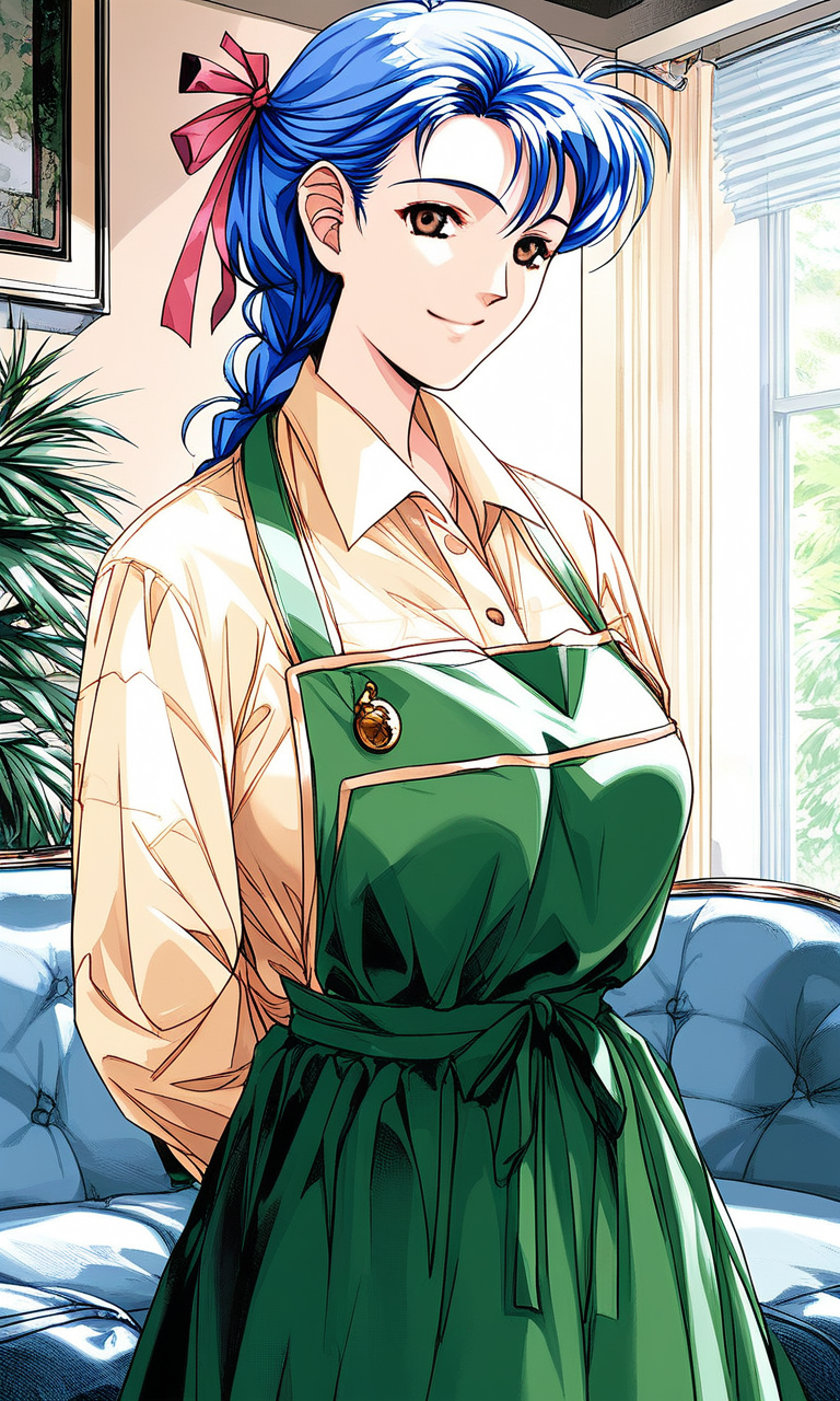 score_9, score_8_up, score_7_up, source_anime, rating_explicit, BREAK  <lora:Narusawa_Misako_XL:1> NarusawaMisako, blue hair, short hair, brown eyes, large breasts,
1girl, solo, green apron, braid, skirt, looking at viewer, shirt,  Yellow long sleeves, hair ribbon, ribbon, smile,ãarms behind backâ,
indoors, couch, shirt, looking at viewer,  long sleeves, skirt, smile, collared shirt