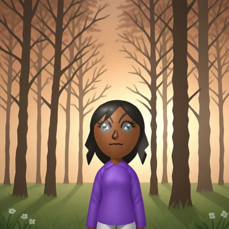 score_9, score_8, BREAK, solo, wii, mii, wii sports, 1girl, female mii, gray eyes, stars in eyes, byakugan, black hair, black eyebrows, dark skin, purple clothing, white pajama pants, barefoot, nintendo mii, modern_mii, classic_mii, breasts, Awakened_Haru_(OC_Mii), sexy pose, smile, outdoors, sunlight, shadows, evening lighting, natural lighting, forest, trees, grass, orange sky, sunset