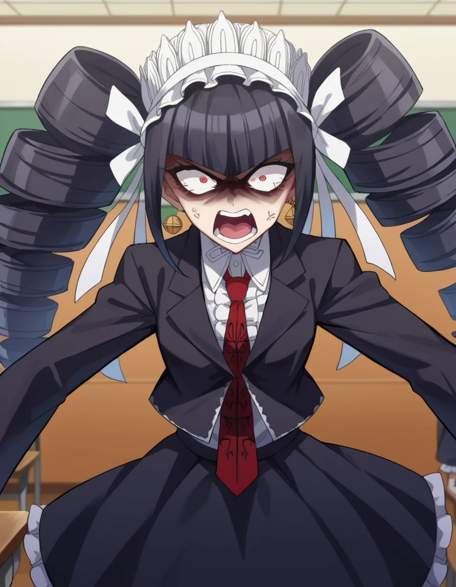 score_9, score_8_up, score_7_up, source_anime,
celestialudenberg, <lora:celestia-ludenberg-ponyxl-lora-nochekaiser:1>,
celestia ludenberg, long hair, bangs, black hair, red eyes, long sleeves, twintails, drill hair, twin drills, angry, anger vein, open mouth, shouting,
skirt, shirt, black hair, long sleeves, jewelry, jacket, earrings, frills, necktie, black skirt, black jacket, red necktie, bonnet, print necktie,
indoors, classroom,
looking at viewer, cowboy shot, dutch angle,