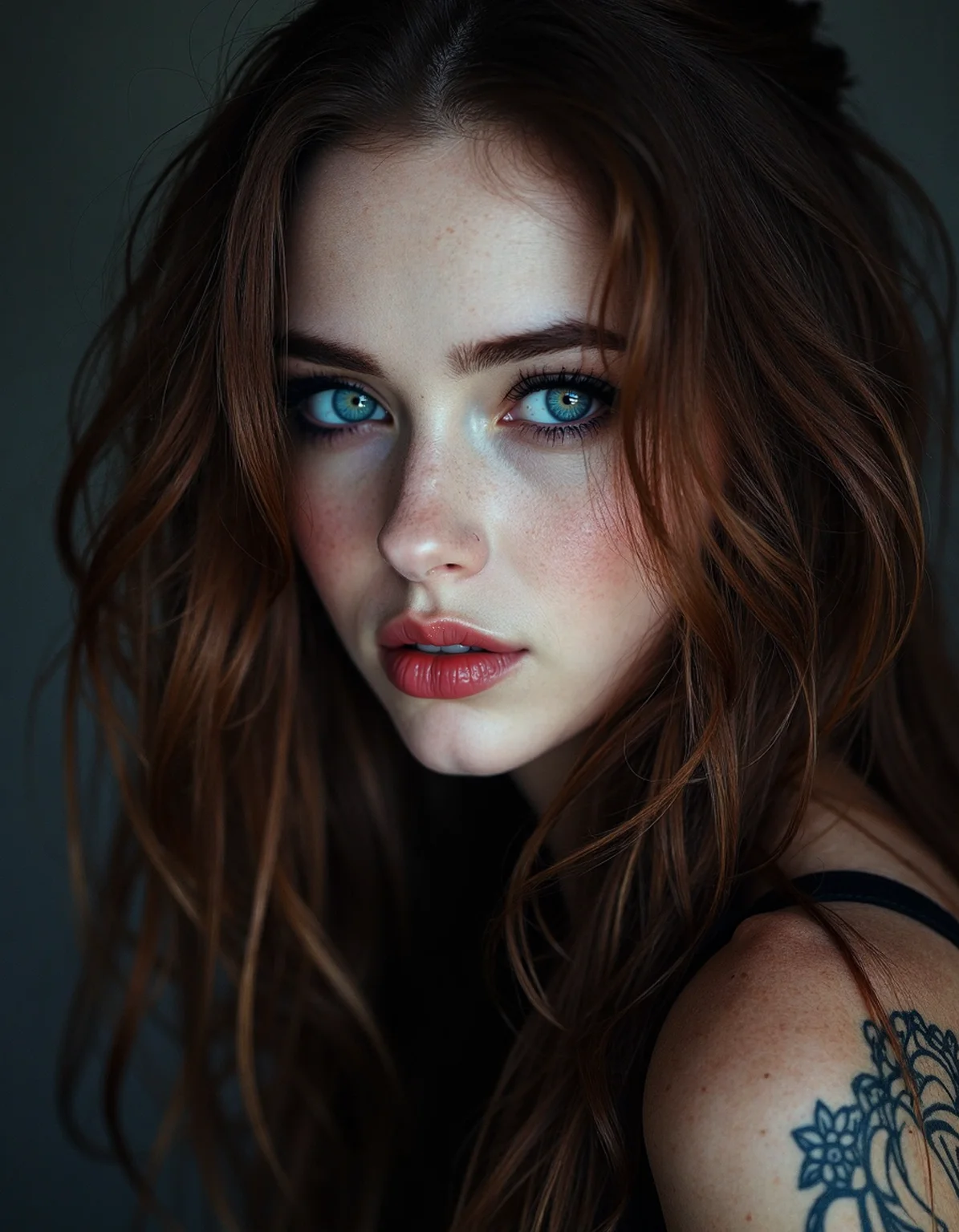 zentangle (dark mood masterpiece Photography:1.2), portrait of a mysterious woman with blue eyes and bold eyeliner looking seductively, smirking, naughty expression, long wavy brown hair. The extreme realism focuses on her detailed skin, showing fine textures and natural highlights. photography masterpiece, modern, irresistible beauty, fuzzy lighting, dark mood, unusual composition, use of negative space, (rule of thirds composition), simmetry , mysteriouse, emotional, flirting, (fine erotic content:0.65), groundbreaking unrivaled opus with unrivaled details, (Lightsaber Red color scheme), highly detailed, melancholic, low-light hyper detailed photography, catchlights, from below, zoomed out,full shot,style by dale chihuly,canon 5d mark 4,Modernist Photography,short lighting . intricate, abstract, monochrome, patterns, meditative, highly detailed