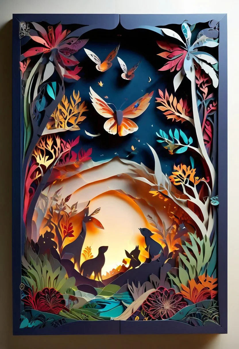 3D papercut shadow box of a parallel universe where animals have evolved to use technology, Patchwork Style, layered, dimensional, depth, silhouette, shadow, handmade, by various contemporary artists.
concept-art, fantasy, epic, majestic, magical, dreamy, perspective, light and shadow, moody, epic,
beautiful, painterly, aesthetic, textural, vivid, vibrant, intricate details, highly detailed, ultra-detailed, absurdres,
aid291, ptchkrawk , Jed-pprct