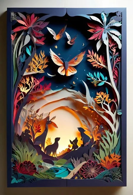 3D papercut shadow box of a parallel universe where animals have evolved to use technology, Patchwork Style, layered, dimensional, depth, silhouette, shadow, handmade, by various contemporary artists.
concept-art, fantasy, epic, majestic, magical, dreamy, perspective, light and shadow, moody, epic,
beautiful, painterly, aesthetic, textural, vivid, vibrant, intricate details, highly detailed, ultra-detailed, absurdres,
aid291, ptchkrawk , Jed-pprct