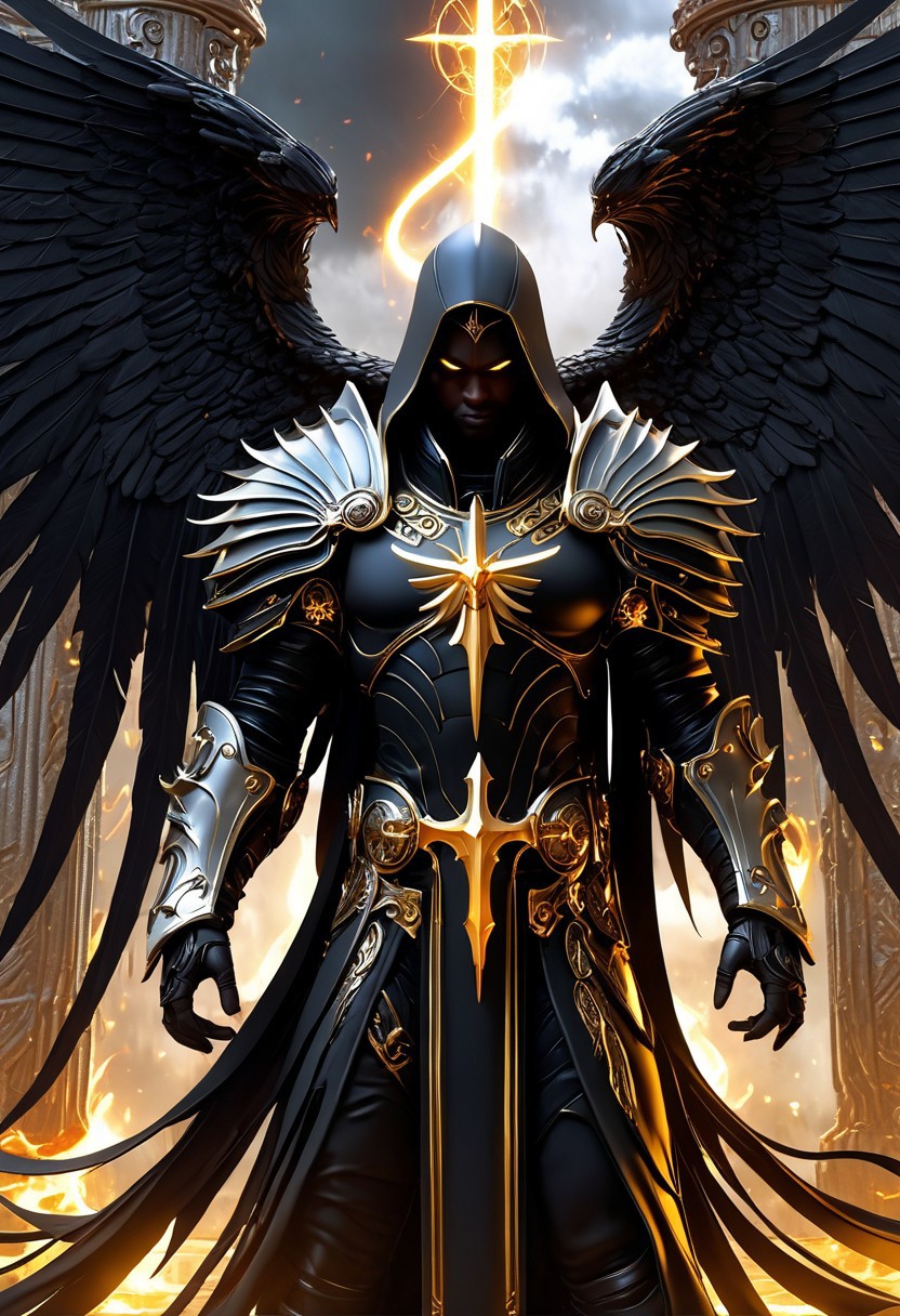 A great, imposing dark angel warrior, Lucifer, pitch black skin, dark armor with gold details, hood shadowing his face, long black hair, glowing amber eyes, golden angels wings on his back, standing in front of a great dark tree, a gate at the root, glowing light, glowing eyes, flames in the background, cloudy sky, moody light, by H.R Giger, 4k resolution digital art trending on Artstation and unreal engine 5, hyperrealism, full body shot, glowing eyes, cinematic, epic, masterpiece, surreal, fantasycore, hyperdetailed, ultra realistic, octane render, volumetric lighting, depth of field, bokeh, 8 <lora:Details:0.85>