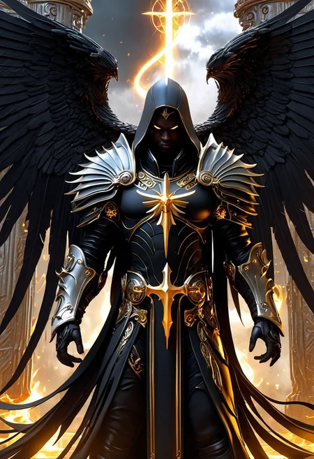 A great, imposing dark angel warrior, Lucifer, pitch black skin, dark armor with gold details, hood shadowing his face, long black hair, glowing amber eyes, golden angels wings on his back, standing in front of a great dark tree, a gate at the root, glowing light, glowing eyes, flames in the background, cloudy sky, moody light, by H.R Giger, 4k resolution digital art trending on Artstation and unreal engine 5, hyperrealism, full body shot, glowing eyes, cinematic, epic, masterpiece, surreal, fantasycore, hyperdetailed, ultra realistic, octane render, volumetric lighting, depth of field, bokeh, 8 <lora:Details:0.85>