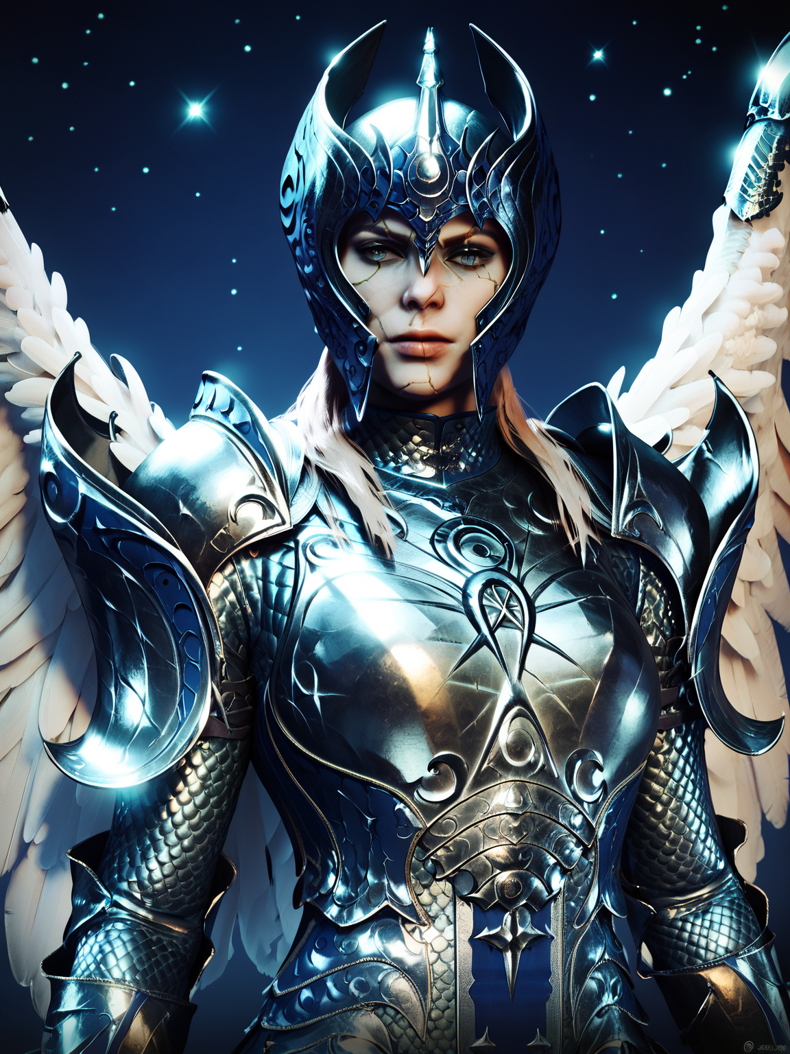score_9, score_8_up, score_7_up, score_6_up, score_5_up, source_anime,
dameaylin, armor <lora:aylinPony:0.8>, , helmet, scars,  open wings, portrait, starry night,