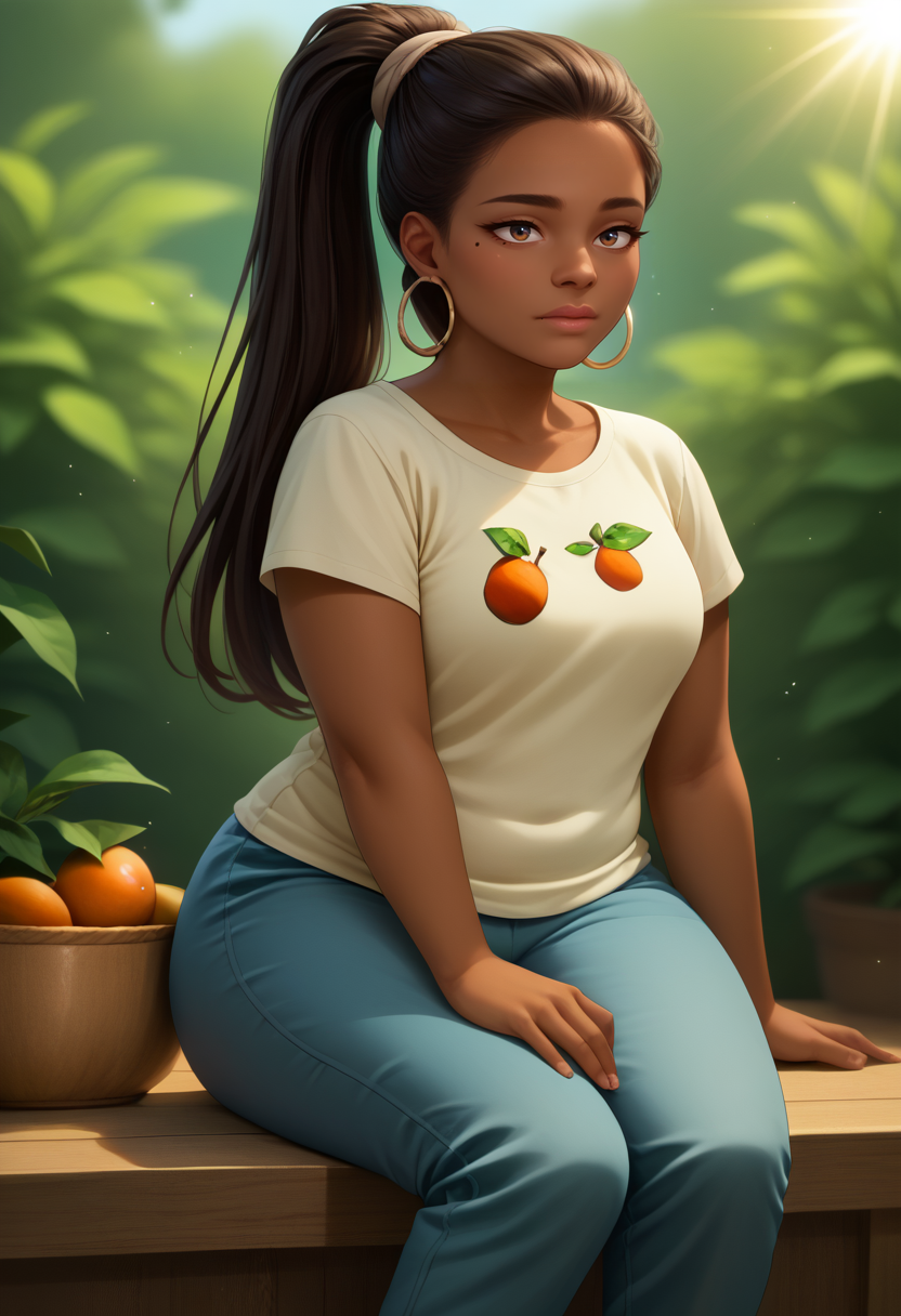 score_9, score_8_up, score_7_up, BREAK, 1girl, solo,  <lora:leshawnatd-guy-PONYv1:1>, leshawnatd, dark skin, ponytail, mole under eye, hoop earrings, white shirt, food print, fruit, short sleeves, blue pants, sitting, depth of field, lens flare, light particles,