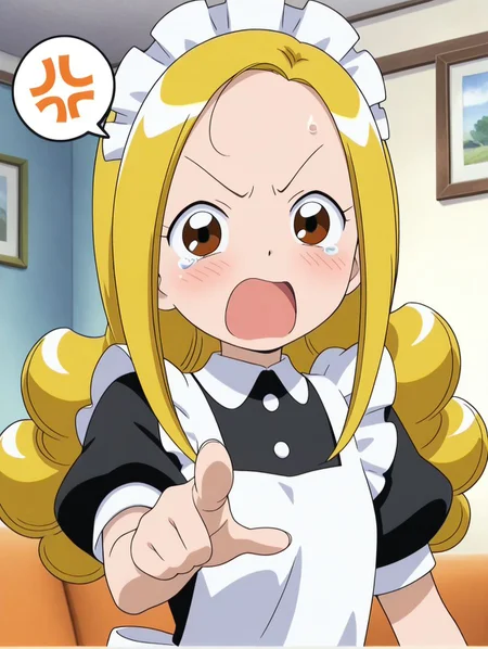 1girl,shiny skin ,<lora:tamaki_ill_v2:0.85> ojatamakir, long hair, blonde hair, brown eyes,maid headdress,maid,maid apron,BREAK
upper body,living room,(angry:0.8),BREAK
Explicit,masterpiece,best quality,amazing quality,looking at viewer,pointing at viewer,tearing up,open mouth,spoken anger vein,blush
