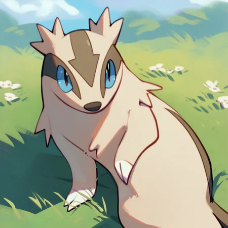 score_9, score_8_up, score_8, furry, Linoone, Pokemon (creature), blue eyes, cartoon style, 2d, feral, solo, looking at viewer, outside, on grass, blue sky