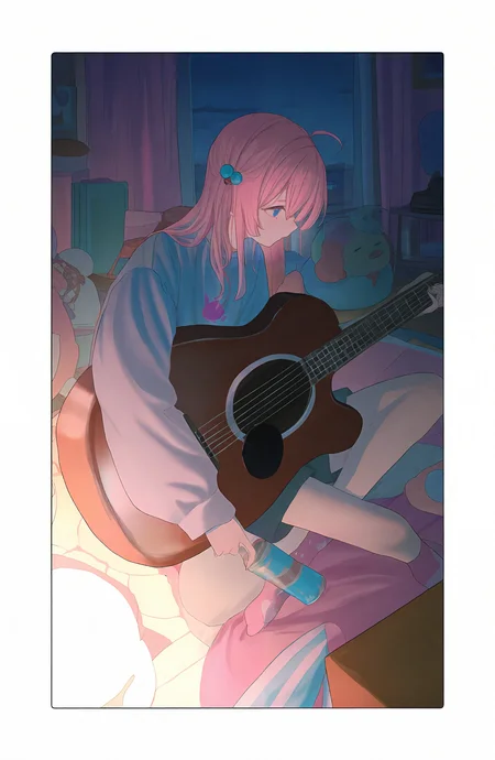1girl, solo, long_hair, shirt, long_sleeves, hair_ornament, holding, sitting, pink_hair, ahoge, shorts, socks, indoors, border, stuffed_toy, stuffed_animal, instrument, can, guitar, antique_phone, rotary_phone