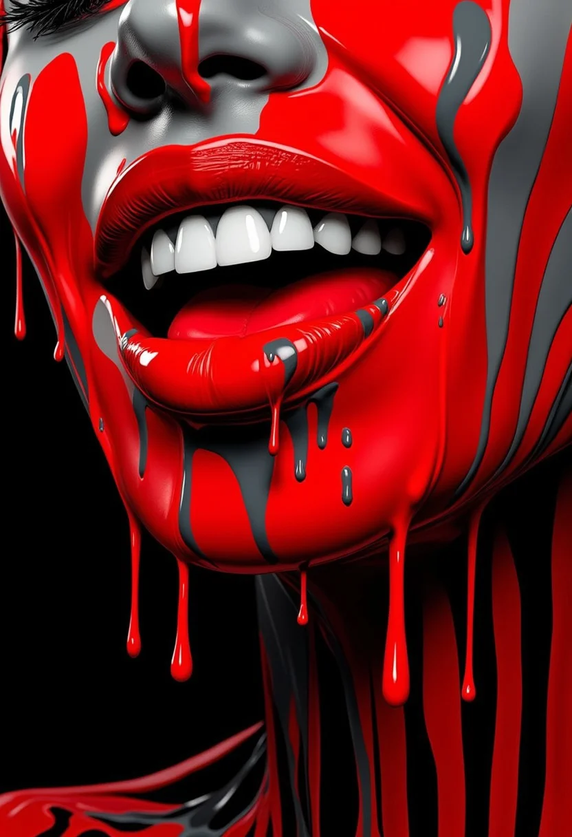 bv-colpaidri. A high-resolution image of a woman's biting her lip, painted in vibrant red and black, colpaidri, paint, colorful, dripping, BNR, BNR style