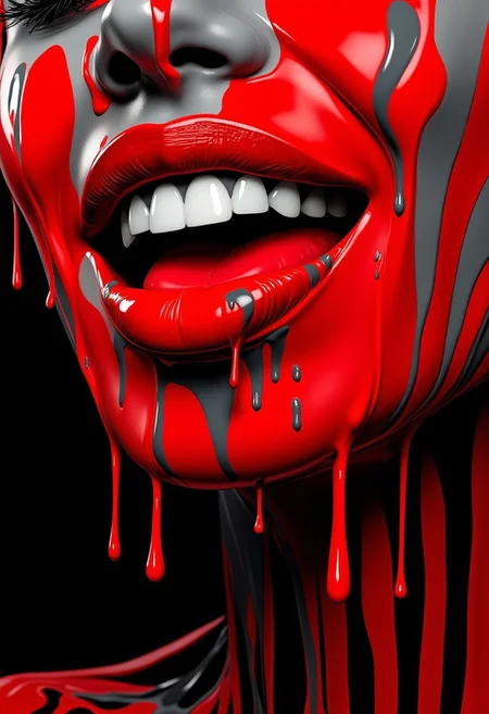 bv-colpaidri. A high-resolution image of a woman's biting her lip, painted in vibrant red and black, colpaidri, paint, colorful, dripping, BNR, BNR style