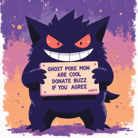 i11ustmin. i11ustmin Illustration. 2D cartoon illustration, rendered in a cute, minimalist style with flat, solid colors. The character, a Gengar from Pokémon, is presented in a full-body shot, with a three-quarter angle view. Its form is defined by thick, jagged black outlines, giving it a slightly edgy but still adorable look. The Gengar's fur is a deep, solid black, contrasted by its bright orange, circular eyes that sparkle with a mischievous glint. Its wide grin, featuring visible teeth, is achieved with a closed mouth, the individual teeth defined through small lines instead of being fully rendered. The Gengar holds a simple, rectangular sign in front of its belly using both of its stubby hands. On the sign, rendered in a bold, sans-serif typeface and all-capital letters, are the words "GHOST POKE MON ARE COOL, DONATE BUZZ IF YOU AGREE". The color of the sign is light and flat, to emphasize the text. The shading is implied through slightly darker or brighter hues on the edges of the form, maintaining a flat design aesthetic. The Gengar is positioned on an abstract background, consisting of a gradient that transitions from a vibrant purple to a bright orange, with irregular, splotchy paint-like textures scattered across the surface. The overall composition is bright, playful, and inviting, capturing the essence of a modern, stylized cartoon.