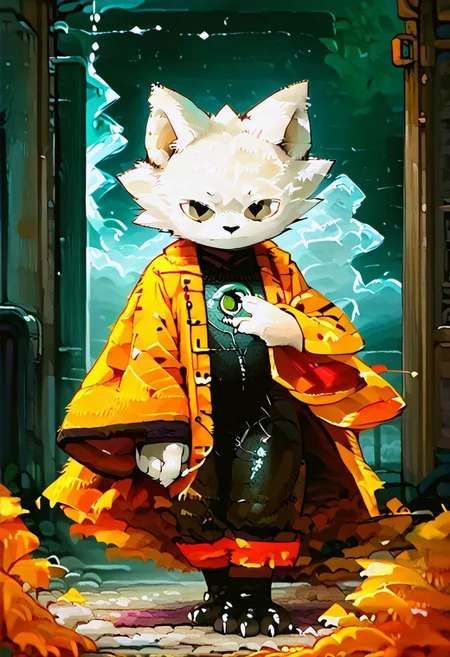 zuppu11, full body, solo, furry, score_9, score_8_up, look at viewer, male focus, no humans, furry male, flux-style, detailed eyes, yi, yellow coat, coat long sleeves, wide sleeves, robe, haori, body suit, white fur, green ring on chest, animal ears, furry, furry male, black eyes, body fur, no mouths, fangs, fluxPaint