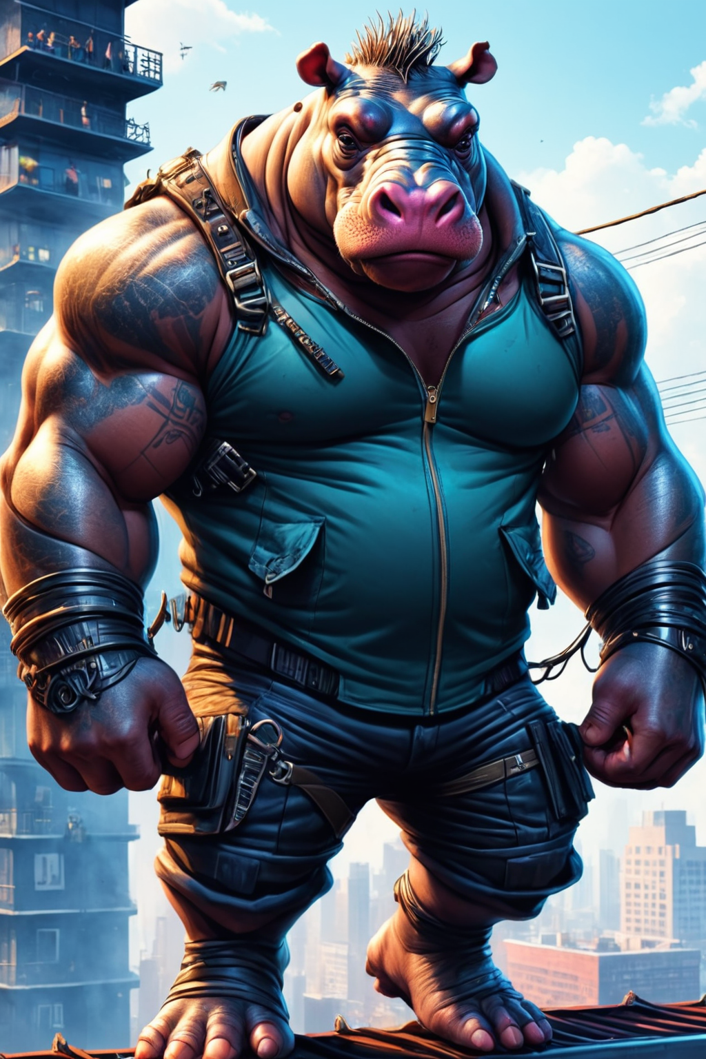 Detailed digital illustration of an anthro Hippopotamus (Tossing hair back, carefree attitude) at a Cyberpunk rooftop escape with zip lines, <lora:xl_more_art-full_v1:0.5>,  <lora:anthro_muscular:0.7> , <lora:madpunk:0.4> madpunk