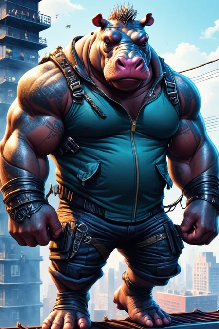 Detailed digital illustration of an anthro Hippopotamus (Tossing hair back, carefree attitude) at a Cyberpunk rooftop escape with zip lines, <lora:xl_more_art-full_v1:0.5>, <lora:anthro_muscular:0.7> , <lora:madpunk:0.4> madpunk