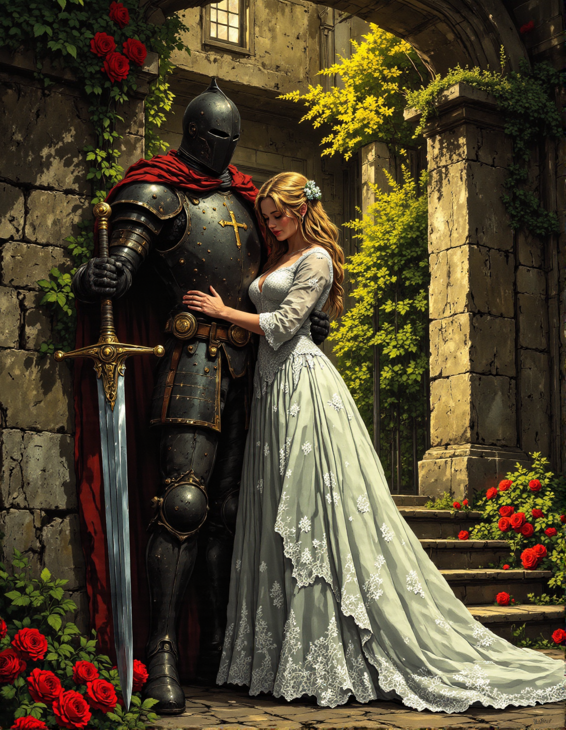 In a painterly style reminiscent of classical romantic art, depict a noble and tender scene: A knight in highly polished, dark full plate armor stands beside a fair lady in a flowing, ornate white gown. The knight's helmet obscures his face, adding to his imposing and stoic presence.  The lady, with her head gently bowed and soft features, wears a white gown with intricate lace-like details on the sleeves and skirt. She is positioned to the right of the knight and delicately places her hand on the hilt of a large, upright sword that the knight holds vertically, its point resting on the stone ground. An ornate cross emblem is visible on the knight's chest plate. They stand beside a weathered stone column or archway, partially overgrown with green ivy and foliage. The ground is stone-paved. The lighting is soft, diffused, and warm, highlighting the textures of the gown, armor, and stone. Capture the romantic, dignified, and slightly fairytale-like feel of a timeless, virtuous love, <lora:Vibrantly_Dark_style_v.1:0.3>, <lora:RetroAnimeFluxV1:0.35>, <lora:Dark Cinematic:0.8>, <lora:aidmaFLuxPro1.1_v0.3:0.6>, <lora:Cozy_Paradise:1>, <lora:- Flux1 - vanta_black_V2.0:0.7>