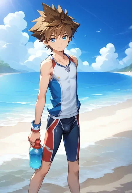 score_9, score_8_up, score_7_up, masterpiece, high resolution, perfection BREAK anime, 1boy, male focus, (solo male), sora, brown hair, spiky hair, blue eyes, jammers, male swimwear, tight clothing, bulge, beach, (proud, showing off), explicitly eighteen years old <lora:jammersv2:0.8> <lora:Sora:1>