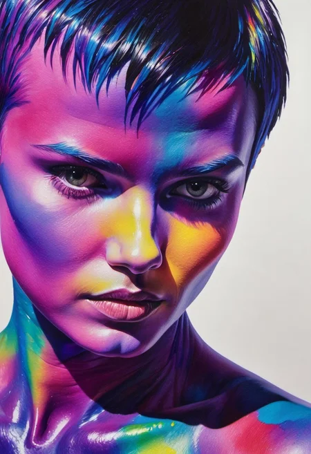 (((watercolor painting))), (detailed), (((very-short pixie-cut hair))), (((undercut))), ((quiff)), ((intricate psychedelic neon body-paintings on skin)), gymnastics, (((appropriate shadowing))), ((appropriate direction of light)), ((Very Dark background)). Intricate textures, (high detailed skin:1.6),