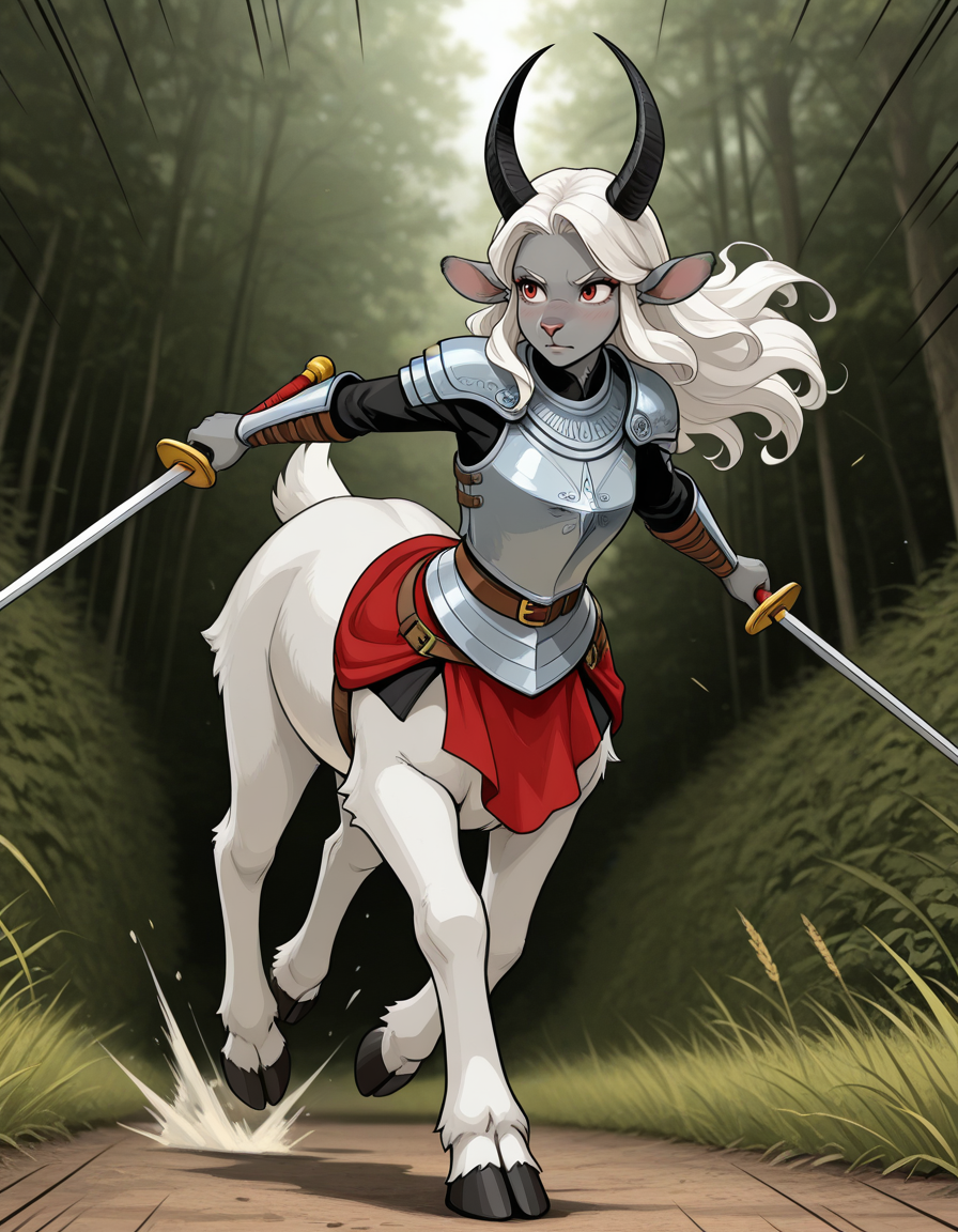 (masterpiece, best quality, ultra-detailed, absurdres, newest, detailed textures, correct anatomy:1), very aesthetic, 1girl, <lora:Sinozick_style:0.25>, sinozick_illu, <lora:HadesCharacterArt-IL-V1.0:0.25>, hadescharacterartstyle-il-v1.0, <lora:WolfAmongUSStyle-IL.V1.0:0.25>, wolfamongusstyle-il.v1.0, <lora:Marvel_Ilu:0.25>, marvelrivals, detailed background, Impressive, fascinating, attractive, sharp focus, expressive, extremely complex, stunning, marvelous, excellent composition, flawless, intricate, dark fantasy, 
<lora:CentaurILL:1>, taur, centauroid, monster girl, holding weapon, breastplate, running, foreshortening, speed lines, blurry background, dynamic pose, <lora:ElizaBeth_v01_NAIXL:0.7>, ElizaBeth, furry female, goat girl, goat ears, horns, white hair, long hair, red eyes, animal nose, grey skin, tail, hooves