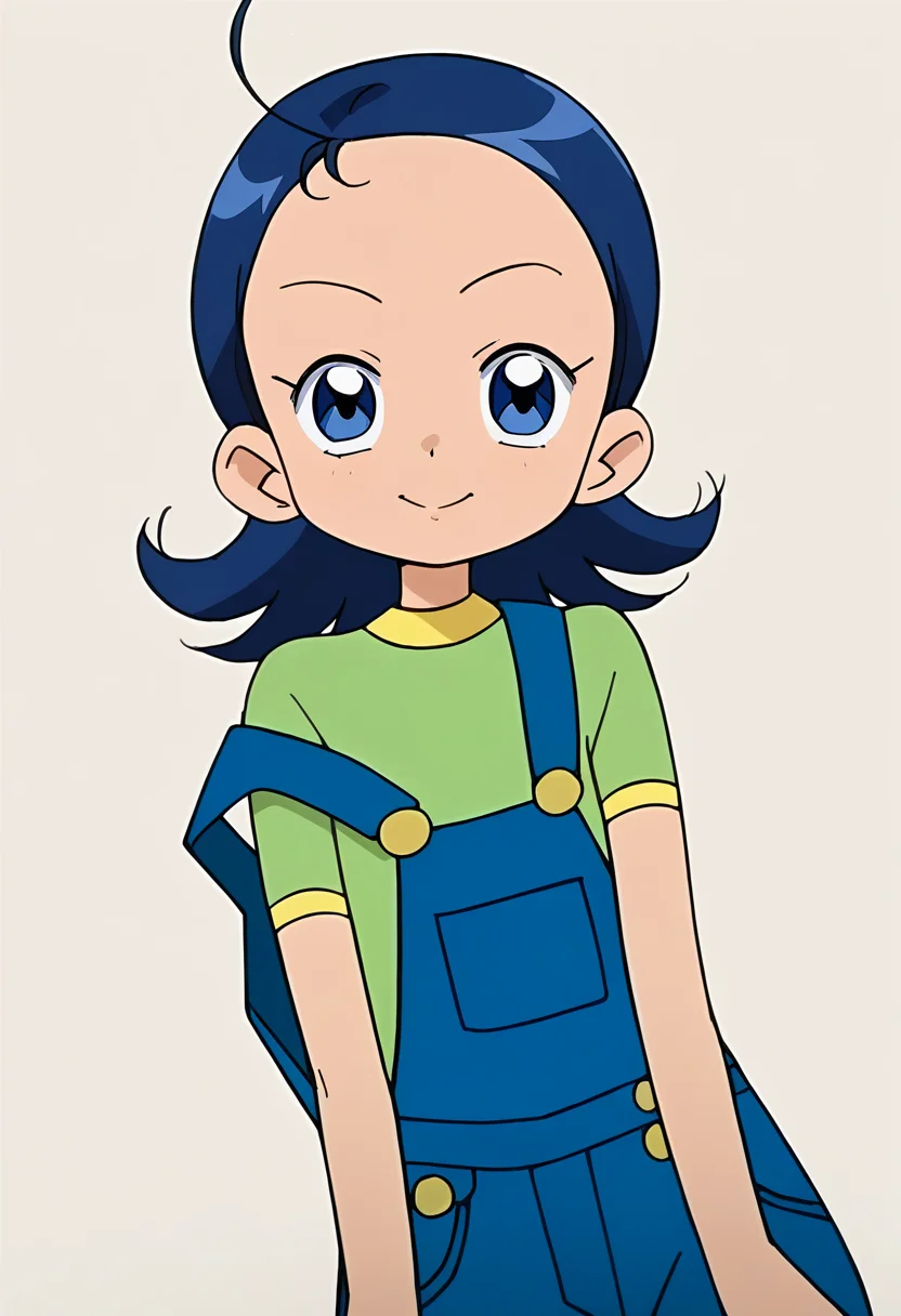 score_9, score_8_up, score_7_up, score_6_up, score_5_up, score_4_up, masterpiece, source_anime BREAK 1girl, c-aiko, blue hair, short hair, blue eyes, ahoge, green shirt, blue overalls, looking at viewer,  beige background, simple background, dutch angle, shiny skin, 