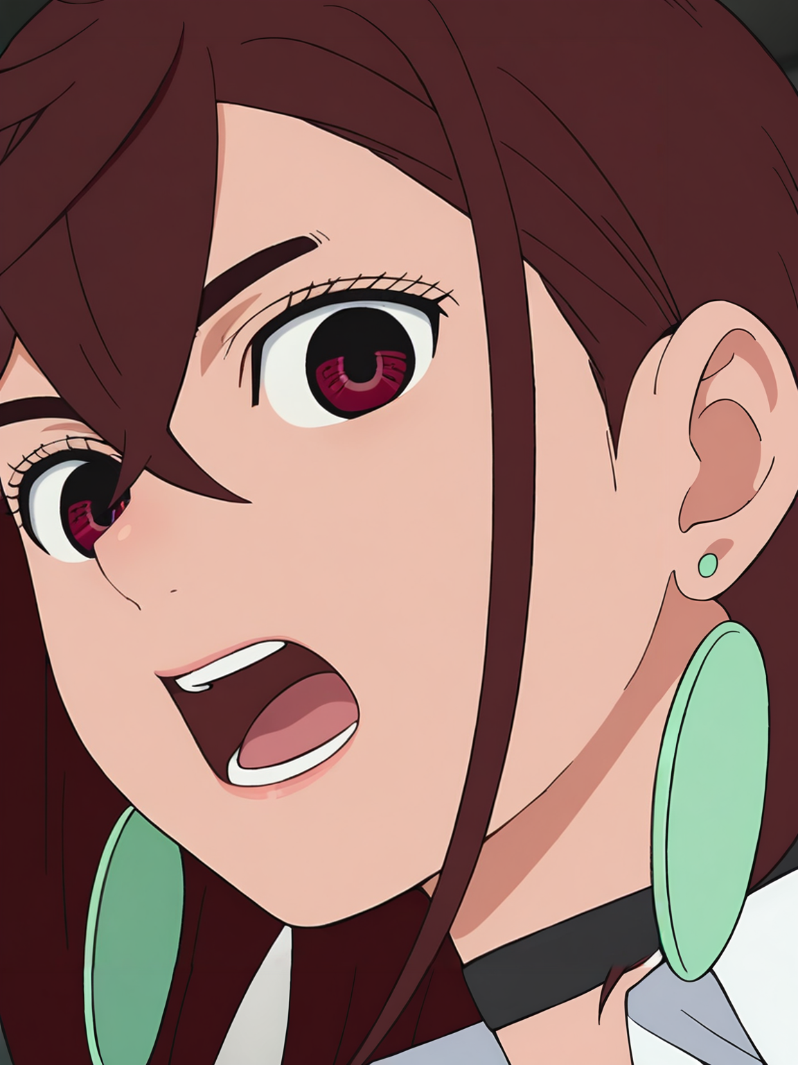 <lora:Momo_Ayase:1>momo_ayase, 1girl, solo, short brown hair, red eyes, green earrings, black choker, white collared shirt, close-up, surpised, intense gaze, talking, open mouth, dynamic angle, looking at viewer