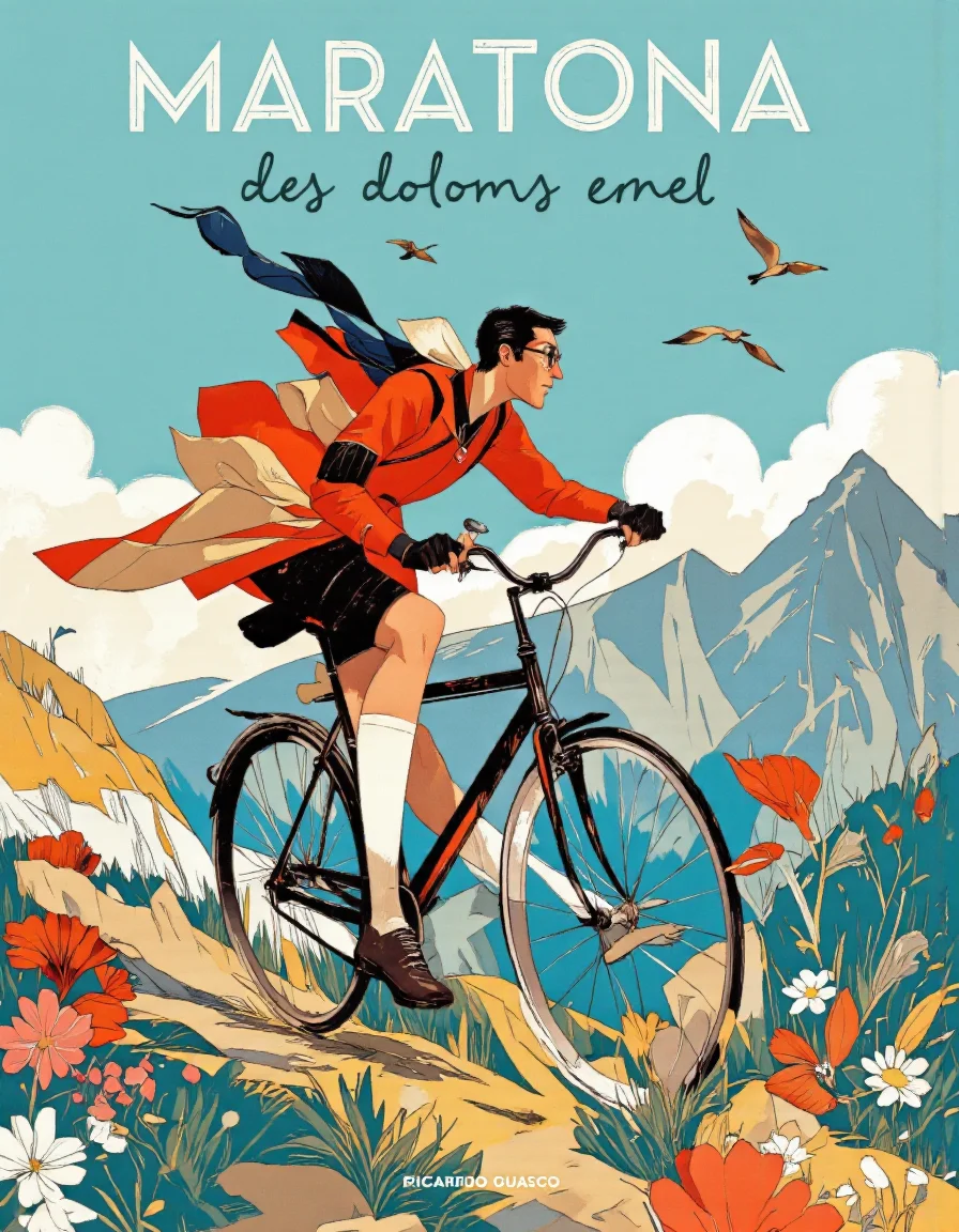 Art by Riccardo Guasco. A vibrant and colorful illustration from a below camera angle about a man riding a unicycle with a whimsical design, set against a mountainous landscape. the image features a solo male character, maratona dles dolomites enel, in the middle of the image, wearing a red coat, white knee-high socks, and glasses. he is balancing on the unicycle, with his arms outstretched, as if inviting the viewer to join him in his adventure. the background features a bright blue sky with mountains in the distance, and a few birds flying in the air. the style is reminiscent of modern art, with bold lines and bright colors, and the text "maratona des doloms enel" is written in the bottom right corner, adding to the whimsical and adventurous atmosphere of the illustration.