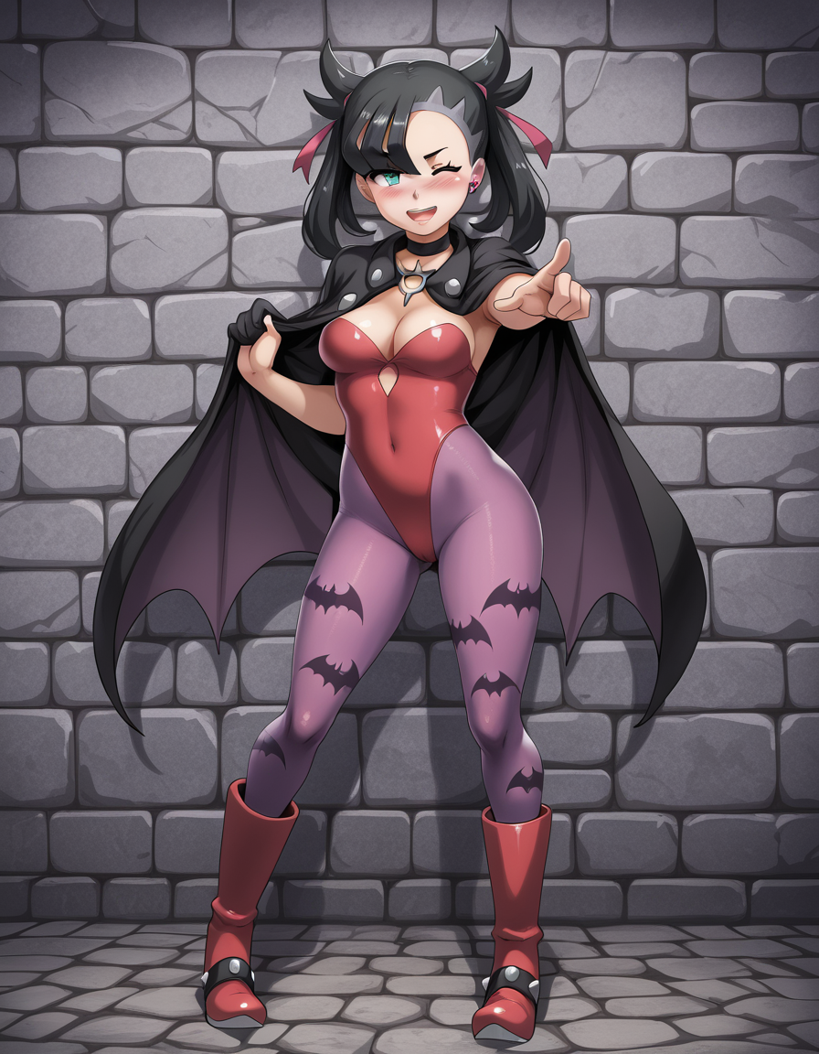 trfstyle<lora:Terufuu_Illustrious-000010:1>
Marnie (Pokemon)
cosplay, purple stockings, bat print, red boots, red leotard, cleavage
inside, stone walls, gothic atmosphere, inviting, wink, pointing at viewer