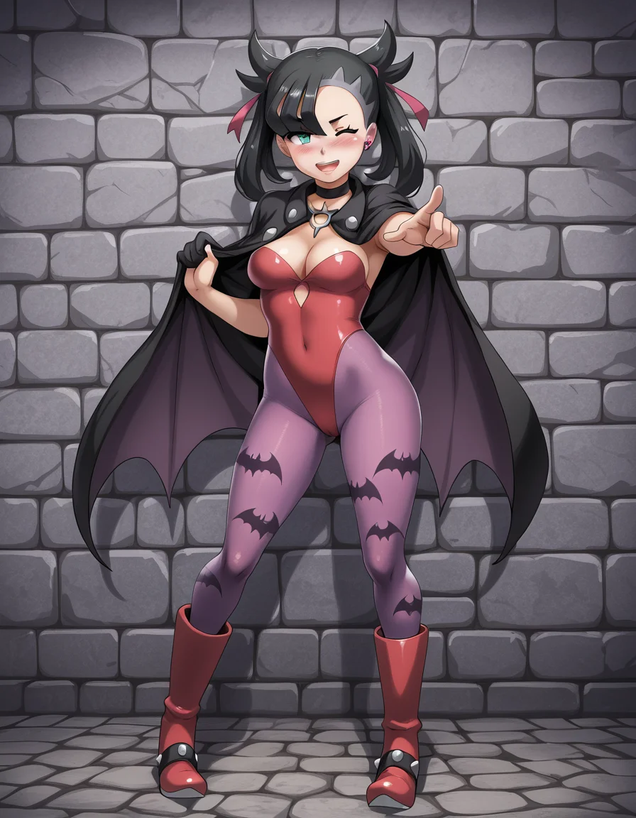 trfstyle<lora:Terufuu_Illustrious-000010:1>
Marnie (Pokemon)
cosplay, purple stockings, bat print, red boots, red leotard, cleavage
inside, stone walls, gothic atmosphere, inviting, wink, pointing at viewer