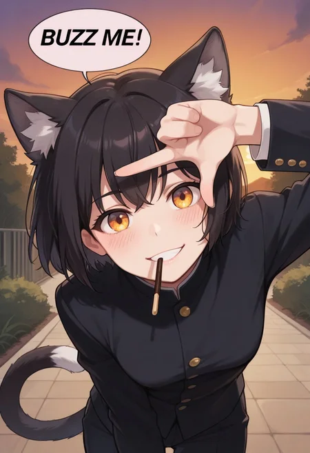 source_anime, (high quality:1.2), (best quality:1.2), sharp focus, ultra-detailed, dynamic shot, amazing quality, very aesthetic, absurdres, finger frame, (leaning forward:1.10), 1girl, solo, cute, hot female, cat girl, animal ears, cat ears, cat tail with white tip, amber eyes, black hair, animal ear fluff, bangs, SFW, looking at viewer, anatomically correct, (wide smile), female focus, detailed eyes, sunset, gakuran, uniform, sunset, blush, outdoors, pocky in mouth, (speech bubble,english text, talking, "BUZZ ME" in the speech bubble)