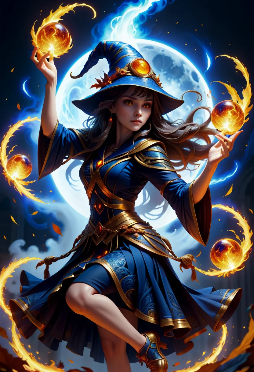 hyper detailed masterpiece, dynamic, awesome quality, female wizard Exercising bewitch shaped like Cascade of navyblue eclipse leaf and fireballs <lora:DonMM00m13sXL:1>