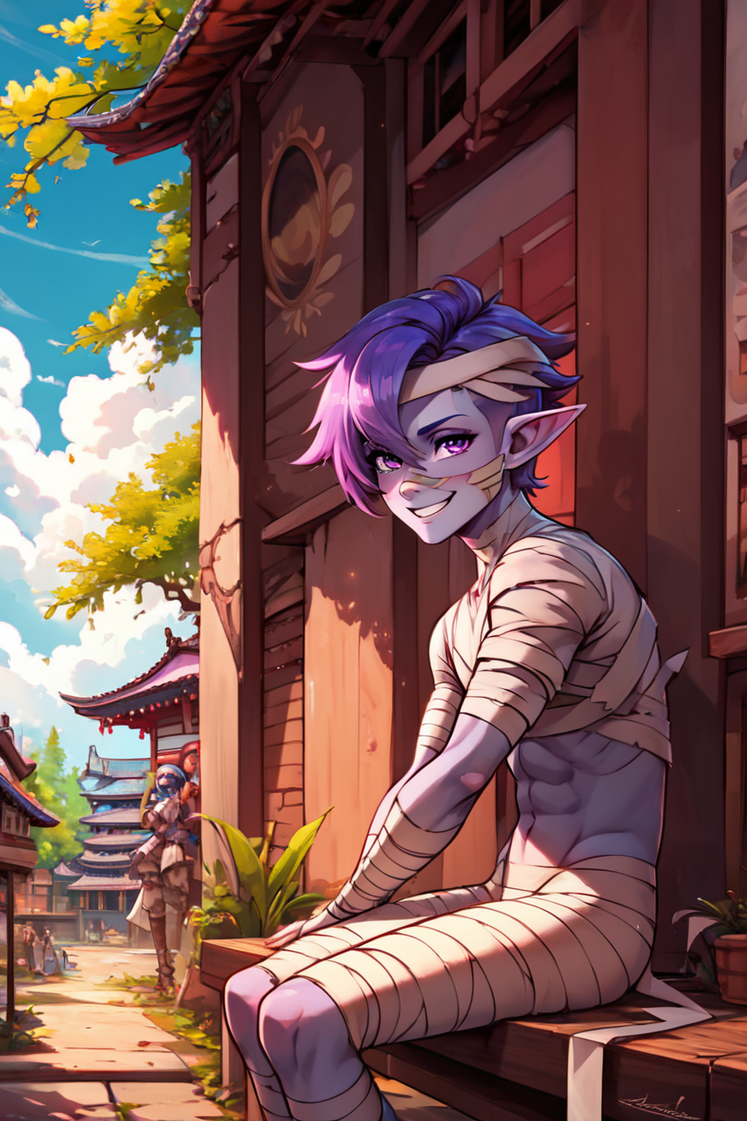 score_9, score_8_up, score_8,   BREAK, , zzDaimon, purple hair, purple eyes, mummy, colored skin, bandages,  grey skin, 1boy,  <lora:Daimon_AFKArena_PDXL:1.0>, , BREAK, sitting on bench, side view, smile, looking at viewer, cowboy shot,  ,,, BREAK, pnkBldng, sky, day, cloud, tree, blue sky, building, architecture, east asian architecture,  ,,, BREAK, embedding:zPDXL, Expressiveh,  ,,, <lora:PinkBuildingsPDXL_v2:0.6>, <lora:SDXLFaeTastic2400:0.5>, <lora:Expressive_H-000001:0.4>
