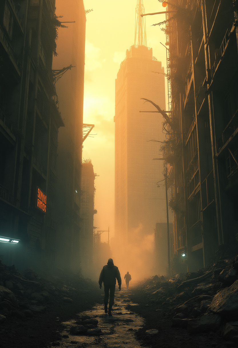 post_apocalypticpunk style, in the ravaged remains of a once-great city, a lone survivor emerges from the shadows, bathed in the warm, golden light of early morning, as if illuminated by the radiant glow of a ZdzisÅaw BeksiÅski painting, with its eerie surrealism and haunting beauty. The ruined skyscrapers loom above like sentinels, their crumbling facades reminiscent of the works of Syd Mead, whose Blade Runner concept art seems to reverberate through every twisted metal beam and shattered pane. The air is thick with the acrid scent of smoke and ash, while volumetric lighting accentuates every detail, high dynamic range capturing the full spectrum of color and shadow. Vivid textures and rich details abound, intense contrast between light and darkness heighten the mood. Highly detailed and realistic, <lora:other/flux_realism_lora>, post-apocalyptic, desolate, mechanical, barren, harsh, futuristic, dire