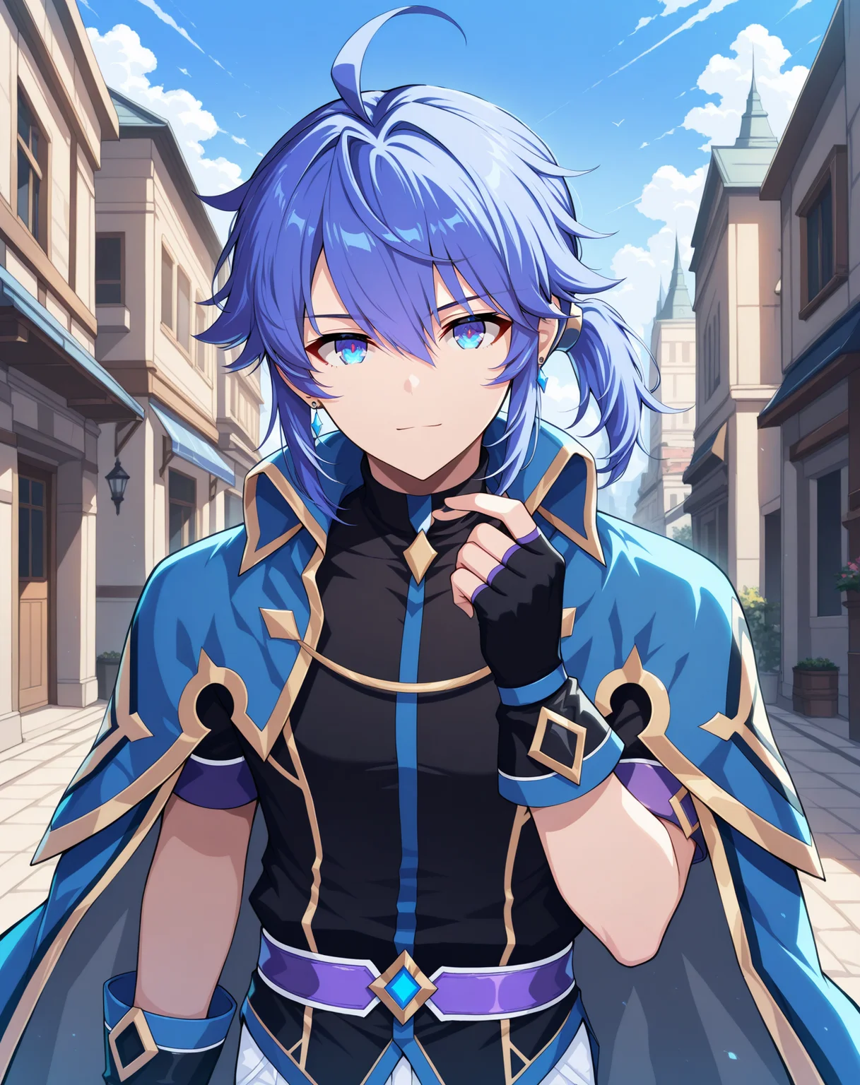 masterpiece, best quality, absurdres, very aesthetic,
1boy, solo, yaoi, male focus,
cowboy shot, upper body, looking at viewer,
<lora:Ronan_Evolution_ilxl:1> ronanevolution, ponytail, blue hair, ahoge, hair between eyes, blue eyes,
black gloves, white pants, fingerless gloves, blue cape, boots, black footwear, purple belt, black shirt, short sleeves, jacket,
earrings, jewelry,
outdoors, day, blue sky,