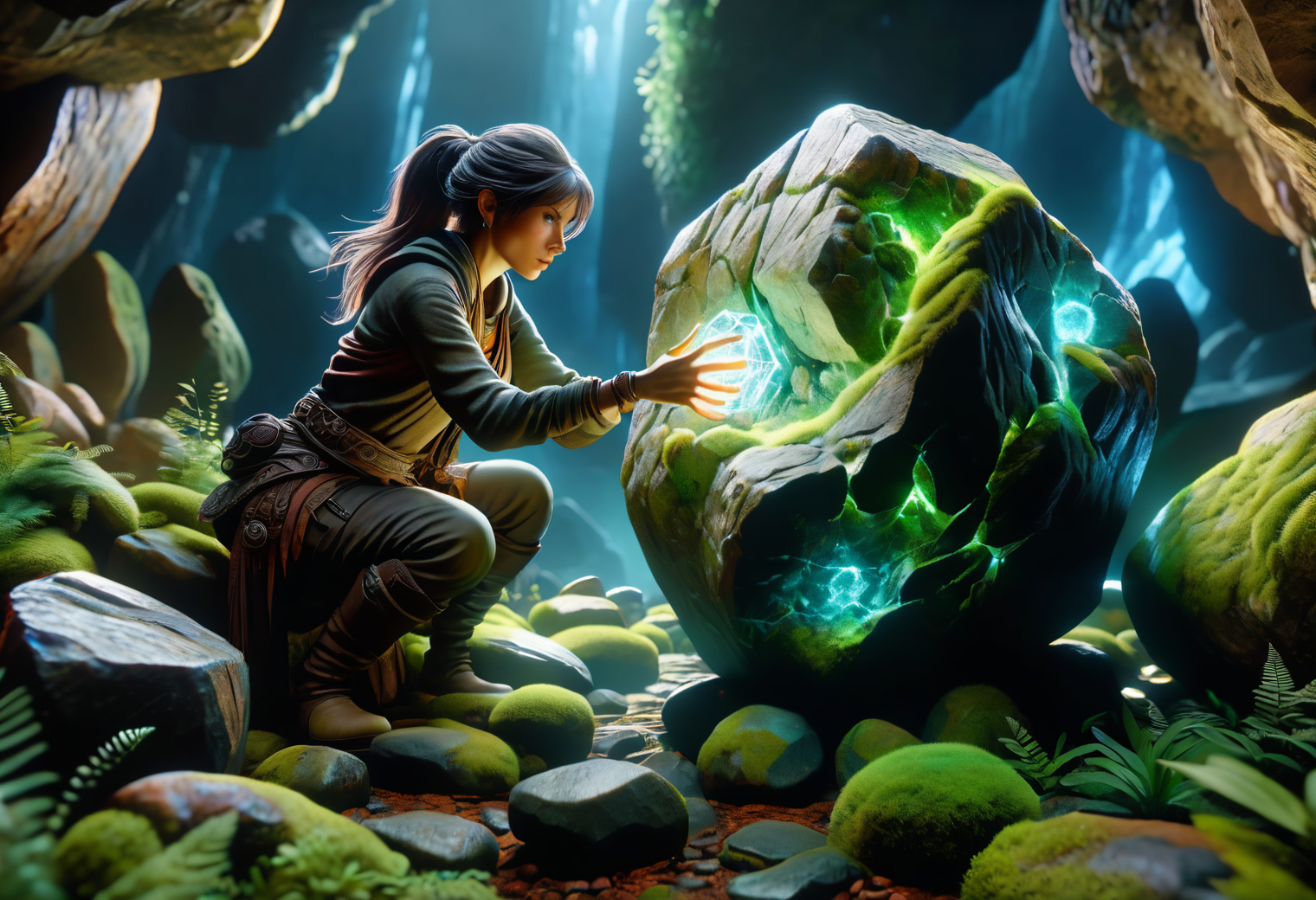 hyper detailed masterpiece, dynamic, awesome quality,female caster casting  rugged, floating boulder, covered in patches of moss and small plants, emanating deep resonant hum, breathing, with veins of glowing minerals tracing patterns like ancient runes DonMM4g1cXL <lora:DonMM4g1cXL_v1.2:1>