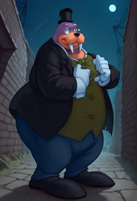 score_9, score_8_up, score_7_up, <lora:Honestjohngusherpony1.0:0.5> honest john gusher as a walrus, fat, overweight, walrus tusks, squinting eyes, smile, solo, 1boy, rotund, furry male, Rotor the walrus as mr walrus, with large mustache, <lora:MrWalrus_PXL_Leaf1:1>, green eyes, fangs, furry,  furry anthro, alley, posing, clothed, walrus, fat, overweight, walrus tusks, squinting eyes, smile, solo, 1boy, male focus, <lora:pony_monocles-step00000800:1>,(monocle),round eyewear, top hat,, suit, gloves, furry male, mustache, necktie, a robber-baron wearing a monocle on a chain on his left eye, top hat, white shirt, black vest from 1900 holding a pocketwatch, standing
BREAK
city, ruins, back alley, outside, night, moon, stars, ambient light,