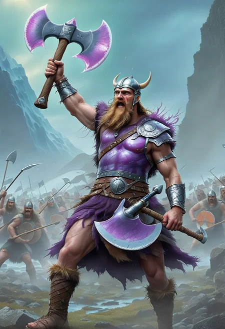 flu0rite, iridiscent, VALHERO viking warrior holding a fluorite mineral axe during the Battle of Ragnarok